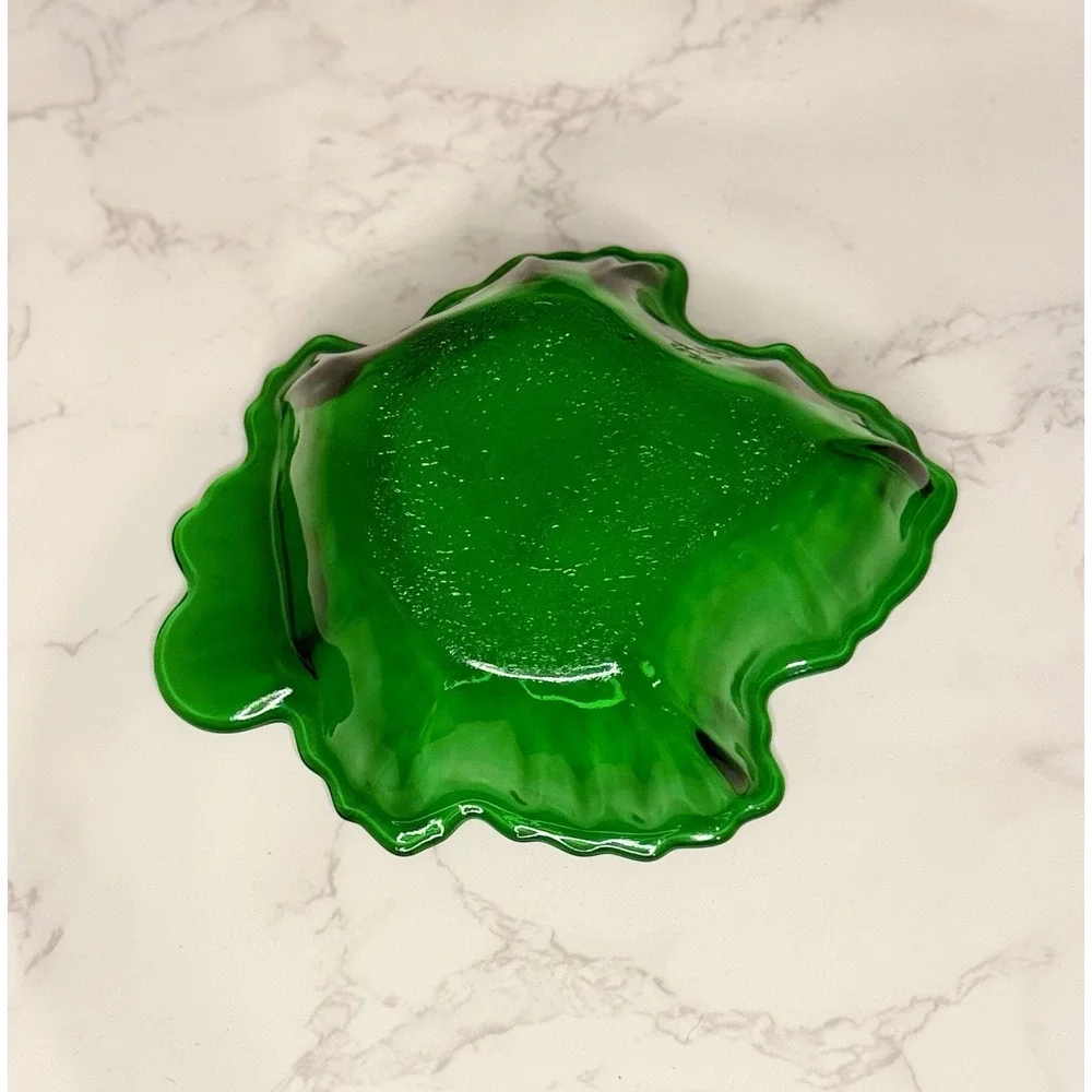 Vintage Emerald Green Glass Leaf Bowls Set of 2 Maple Leaf Trinket Dish Decor